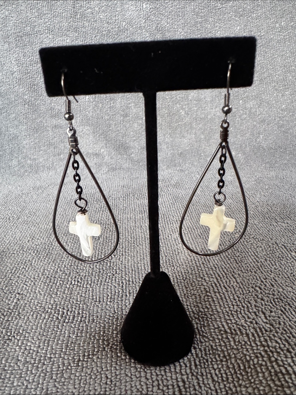 White Stone Cross Teardrop Earrings